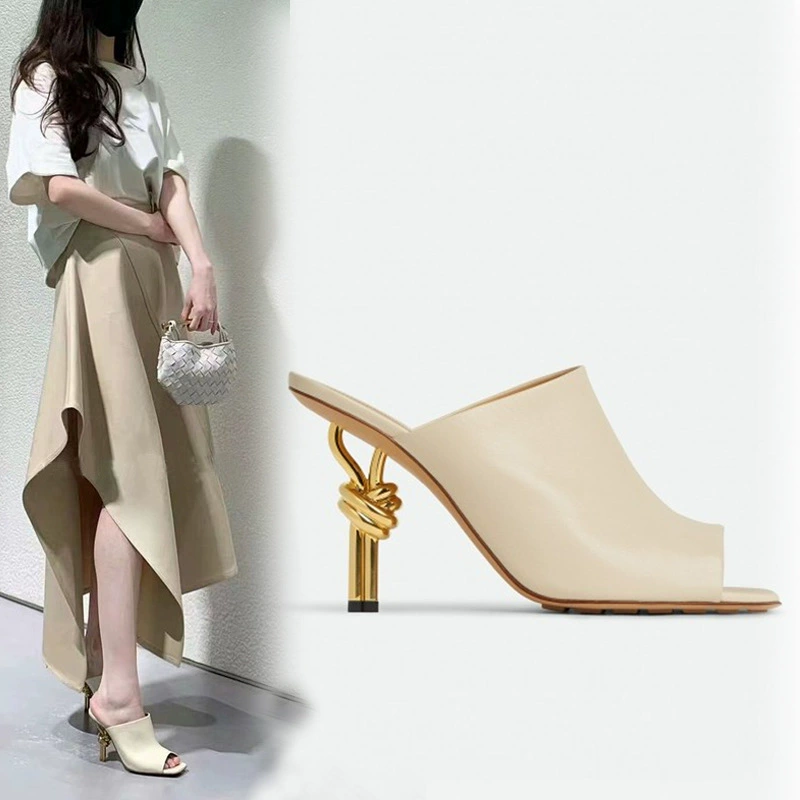 Сексуальные квадратные рыбьи клювы из металлического каблука с узлом на каблуке