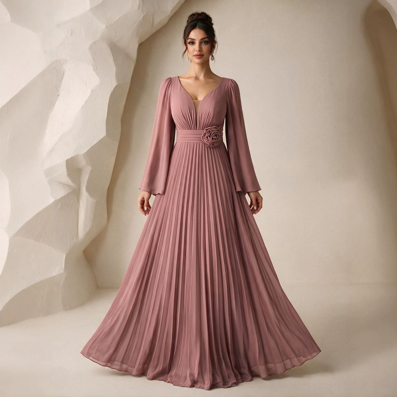 New Foreign Trade V-Neck Bell-Sleeve Women's Dress with Handcrafted Three-Dimensional Floral Decoration at the Waist and Pleated Chiffon Gown New Foreign Trade V-Neck Bell-Sleeve Women's Dress with Handcrafted Three-Dimensional Floral Decoration at the Waist and Pleated Chiffon Gown