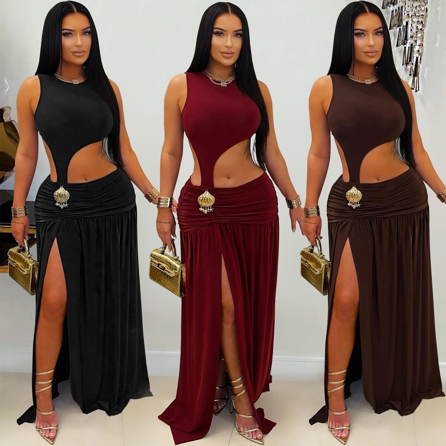 C7597 Aliexpress transfronterizo Amazon Europa y América moda femenina sexy color sólido sin mangas umbilical vestido bifurcado