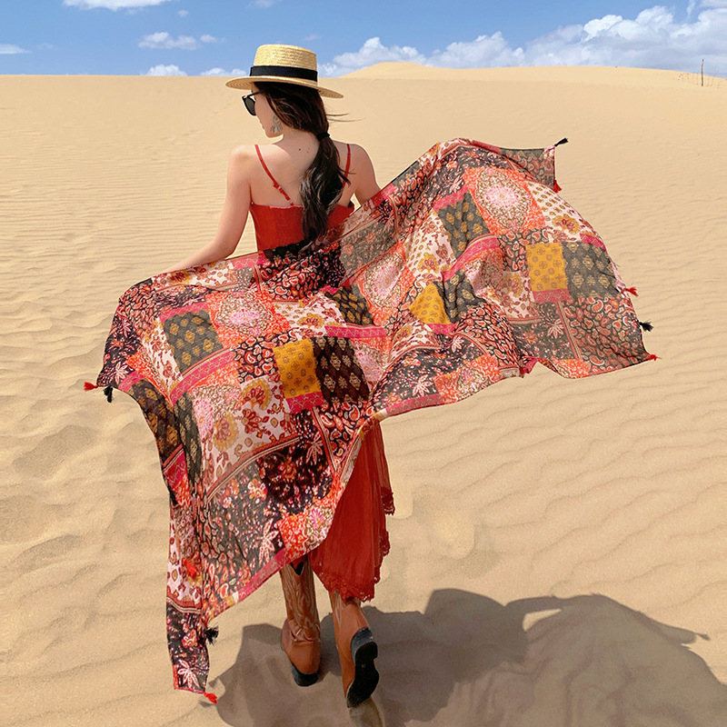 2023 nuevo ligero de algodón y lino sensación bufanda estilo étnico anacardo costura totem impresión viajes fotografía chal para las mujeres