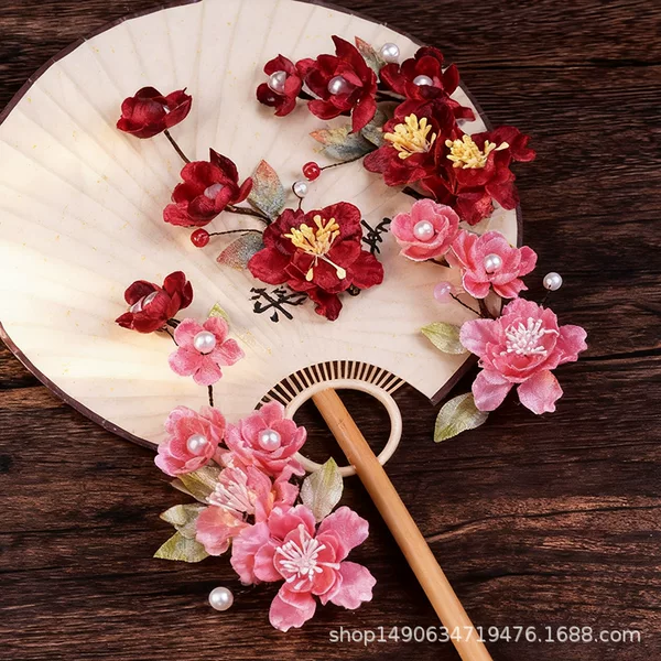 New Chinese Style Wedding Red Artificial Flower Hairpin Hair Accessories Tassel Headdress Bride Wedding Atmosphere Han Dynasty Accessories