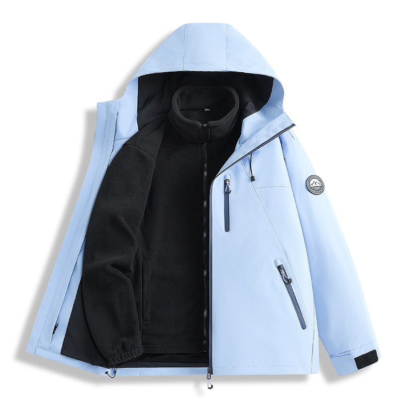 Direct from the factory: thickened fleece-lined, windproof, and waterproof outdoor jacket for men and women, featuring a hood and designed for mountaineering