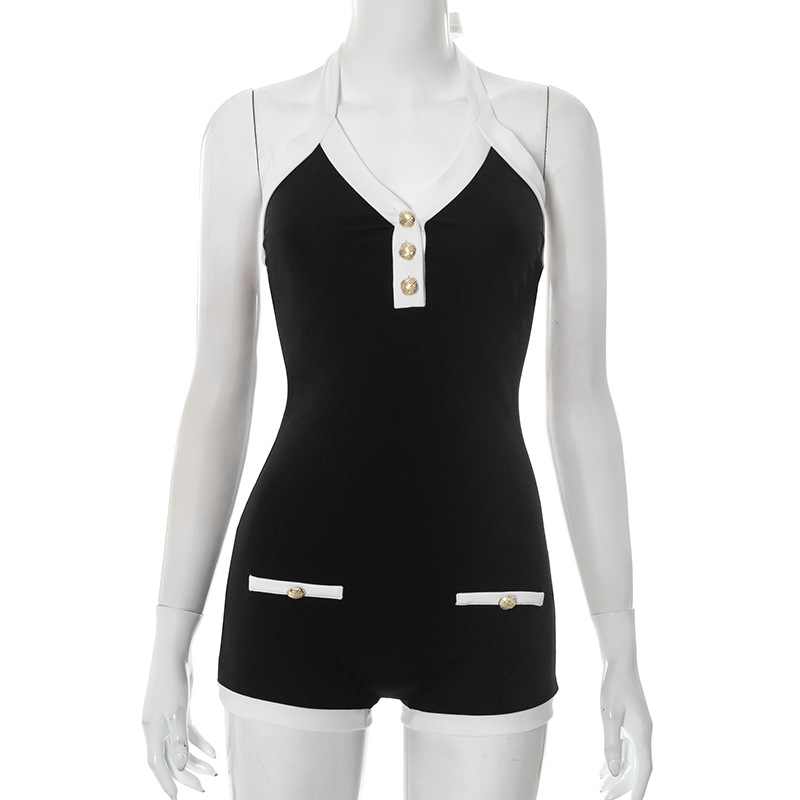 J25RP090 Ropa de mujer de comercio exterior europeo y americano con cuello en V en contraste, cuello halter con cordones, botones sin espalda, súper pantalones cortos, mono