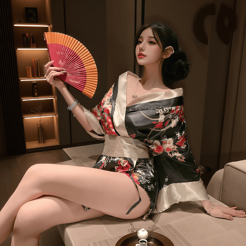 Kimono-Style Deep V-Neck Sexy Lingerie, Modified Erotic Lingerie, Showa Cosplay Nightgown, Sleepwear Dress, Sensual Lingerie, Kimono