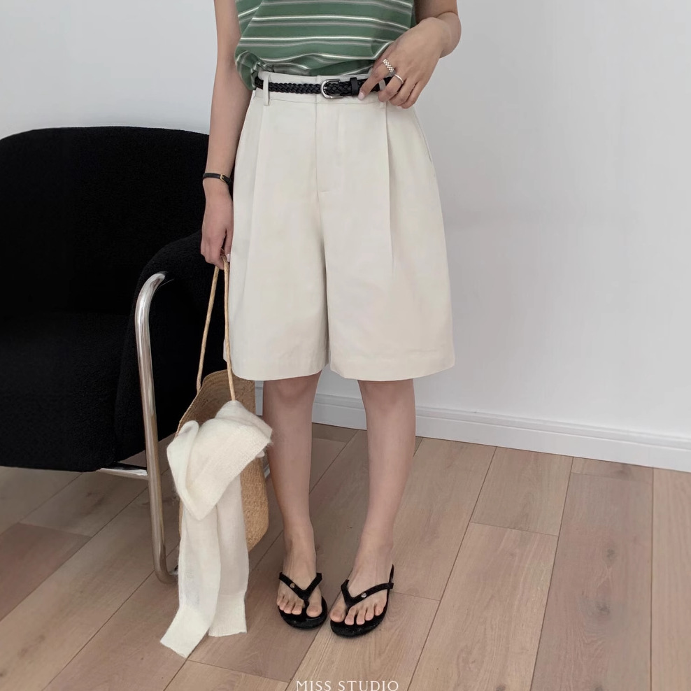 MISS, pantalones cortos casuales de dos prendas con puños de todo fósforo coreanos de Misi, pantalones de cinco puntos para mujer de primavera y verano (con cinturón)