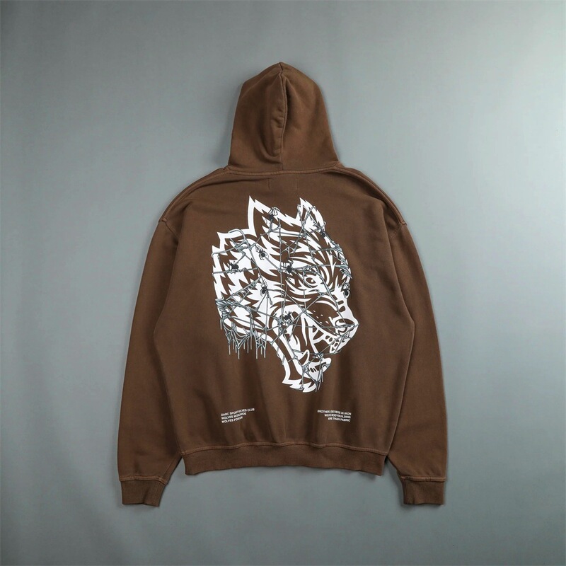 American High Street Style Brown Hooded Sweatshirt Darc Sport Style Thorn Wolf Head Print Pullover