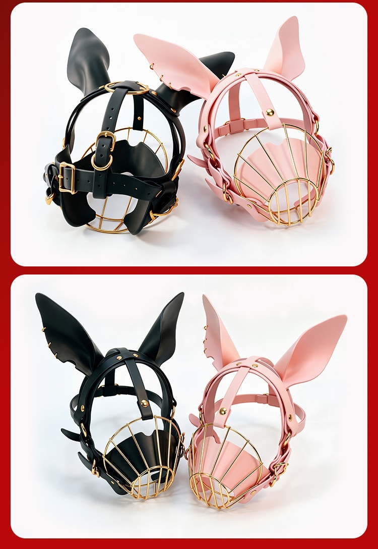 SM Puppy Play Bondage Headgear and Face Accessory Set in Pink PU Leather — detail image 16