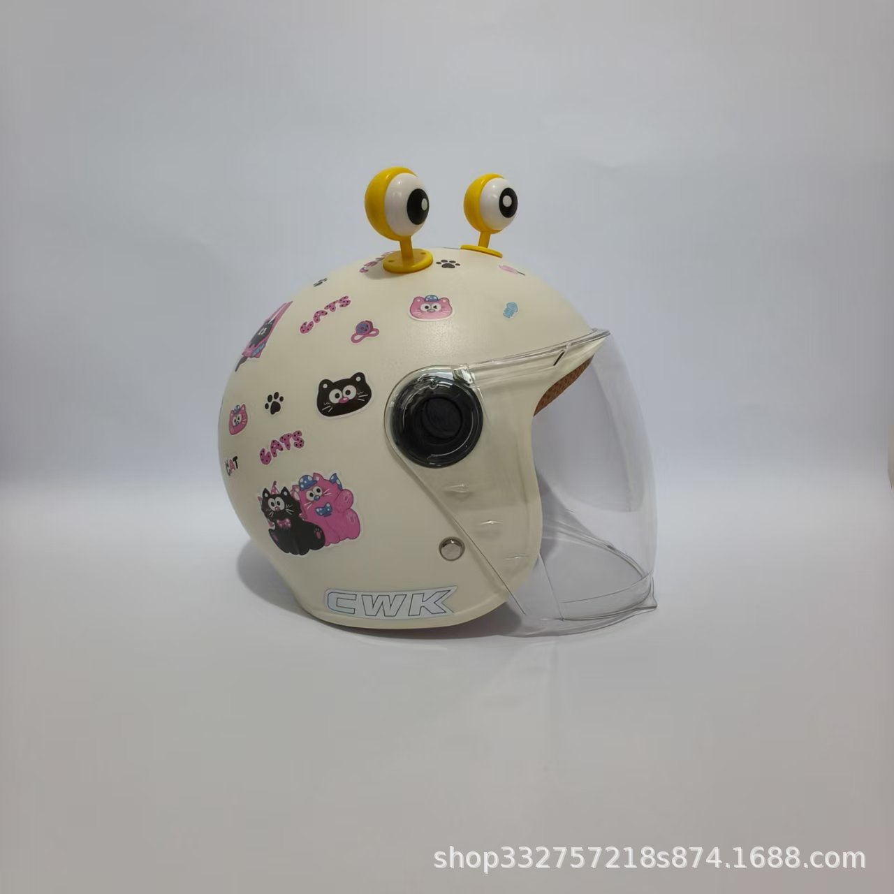Certified 1-6 Year, Motuoche Motosiklet kaskı (dəbilqə) - moon-white-black-pink-cat-transparent-long-visor-yellow-eyes-3c-children-1-6-years-old-wl07