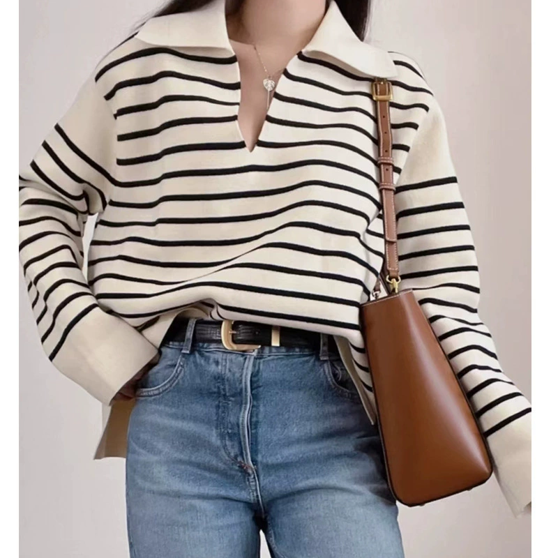 Осенне-зимний свитер в стиле кэжуал с отложным воротником, утолщенный, вязаный шерстяной свитер в полоску, женский, стройнящий, универсальный.