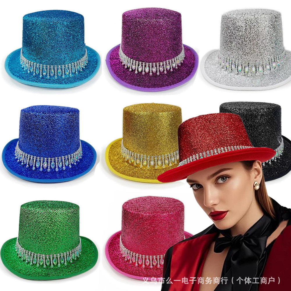 Carnival Party Feather Silk Colorful Lincoln Hat Christmas Water Drop Diamond Rim Colorful Jazz Hat European and American Magician Hat