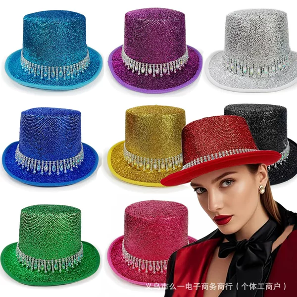 Carnival Party Feather Silk Colorful Lincoln Hat Christmas Water Drop Diamond Rim Colorful Jazz Hat European and American Magician Hat