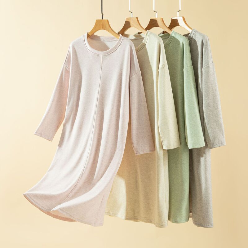 Derong Breast Pad Fashionable Splicing Long-Sleeved Dress Autumn and Winter Brushed Skin-Friendly Warm Home Dress Large Size Casual Nightgown