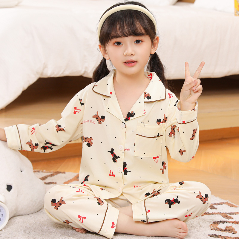 Primavera y otoño de los niños pijamas las niñas solapa cardigan lindo dibujos animados dulce flojo delgados desgaste del hogar