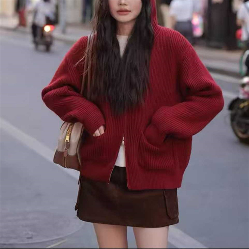 简约坑条双口袋连帽拉链毛衣外套女2025秋冬新款宽松软糯针织开衫|undefined
