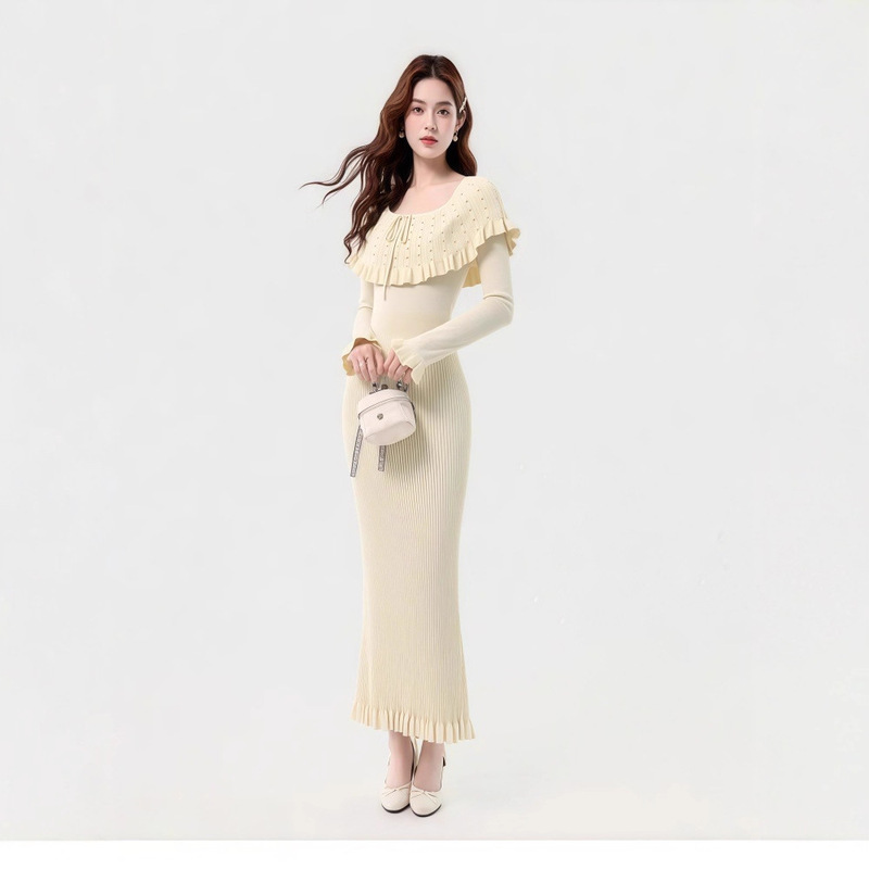 Autumn and Winter New Style Knitted Long-Sleeved Hip-Hugging Dress, French Style Tall Elegant Wedding Etiquette Evening Dress Long Skirt for Women