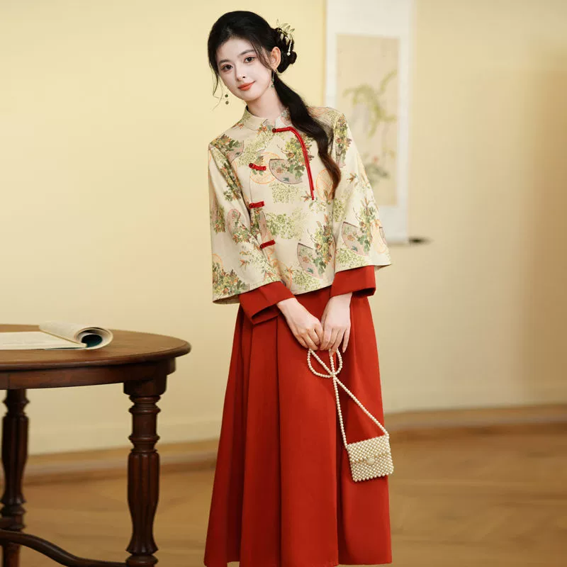 Новый китайский стиль улучшенной юбки бюстом Cheongsam топ из двух частей