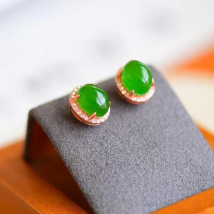 Authentic Natural A-Grade Jade Earrings, Ice Type Spicy Green S925 Sterling Silver, Ancient Gold Inlaid Jade Earrings, Full of Diamonds, Authentic