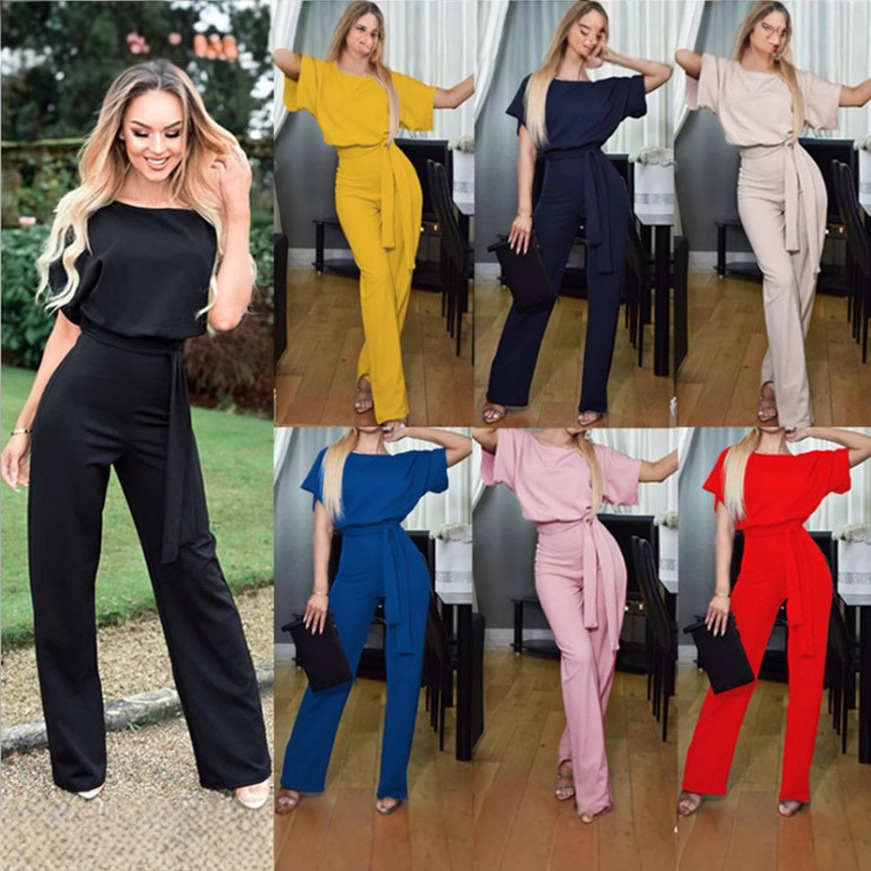 Cross-border 7-color 6-yard Hot New Products 2019 Summer Fashion Lace-up Button Short-sleeved Women's Jumpsuit