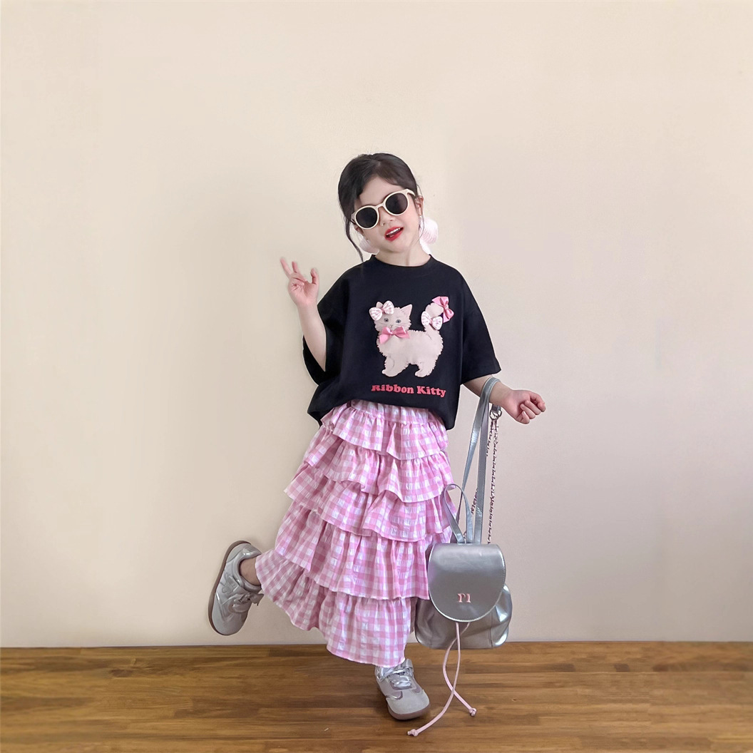 Girls' Fashionable Bow Print Short Sleeve T-shirt Plaid Cake Dress