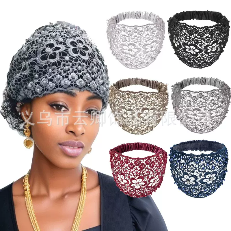 跨境钉珠发带女镂空透气遮白发蕾丝宽边头套压发头巾护额头带束发