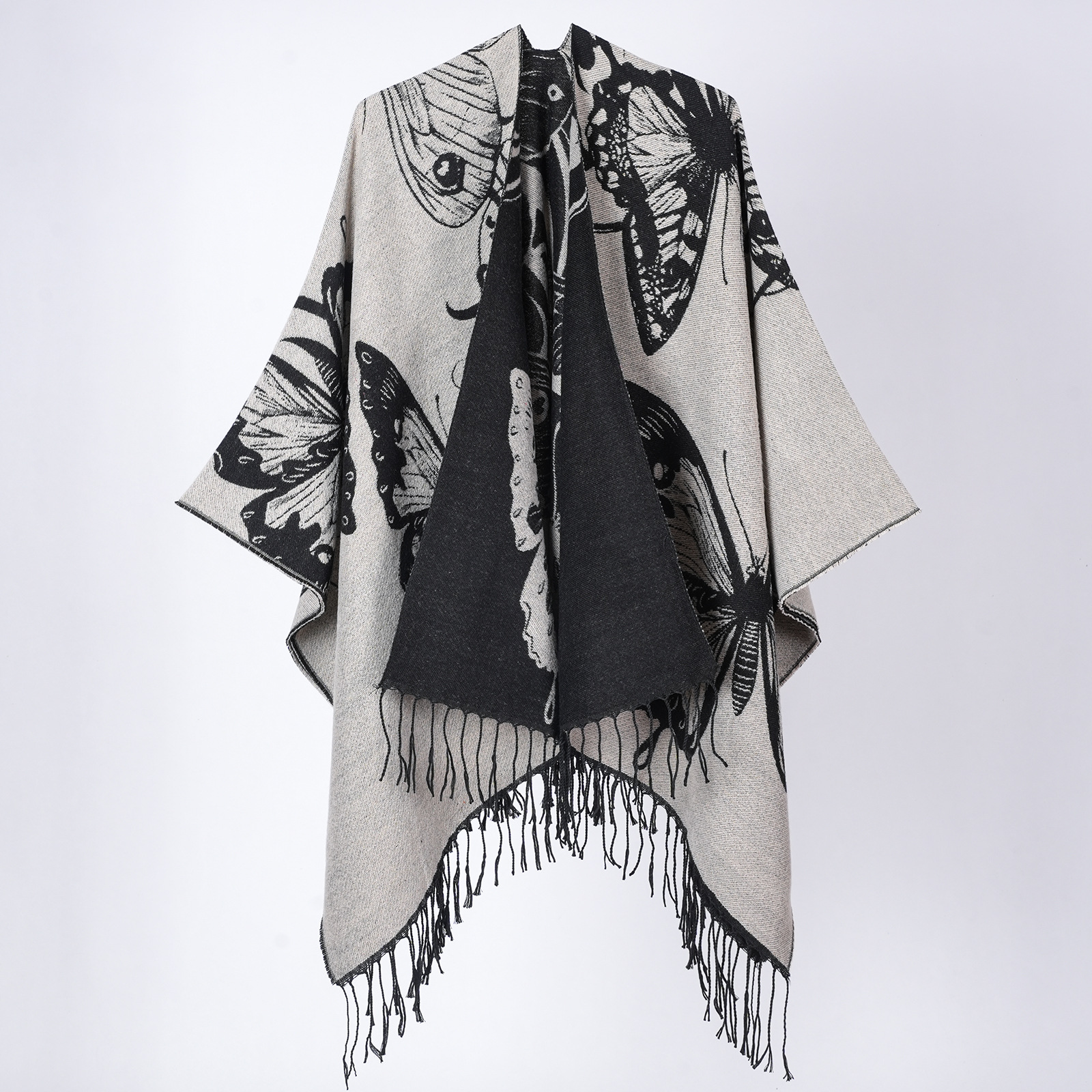 Bufanda chal grande con estampado de mariposa y flecos invierno_voghion.com