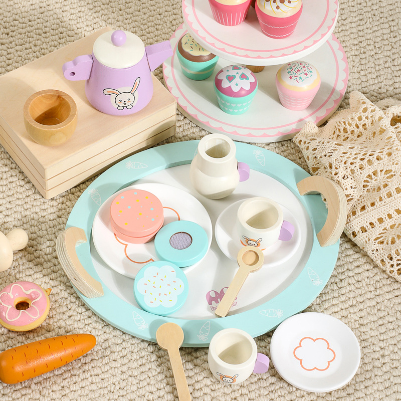 Juego de té para niños combinación niños y niñas jugar casa juguete de madera simulación tetera taza de té juego de té de la tarde traje