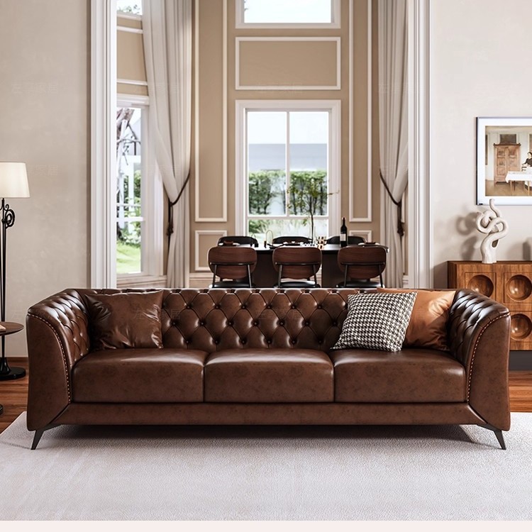 American-Style Genuine Leather Sofa, Top-Layer Cowhide, Vintage Three- to Four-Seater Combination, Retro Oil-Waxed Leather, Brown Buttoned Sofa