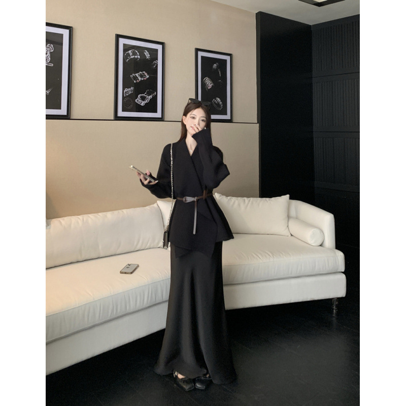 重磅大女主wan美廓行针织衫气质翻领收腰外套+高腰半身裙时尚套装|undefined