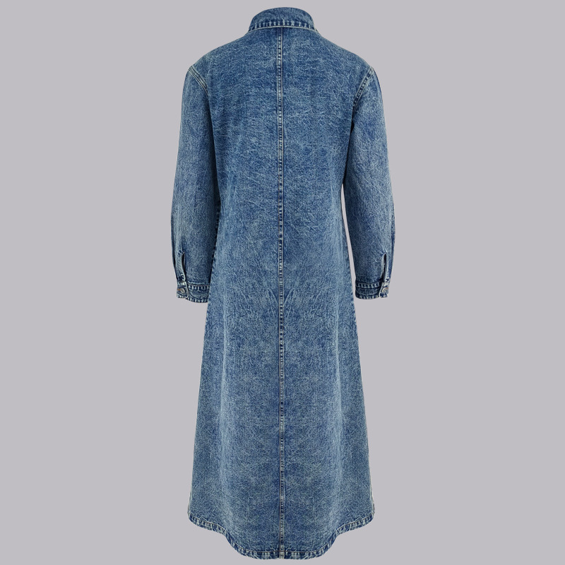 Elegant Long Denim Coat For Women, Mid Blue And Black Trench Style Jacket, Versatile Career Outerwear For Fall_ecoleips.com