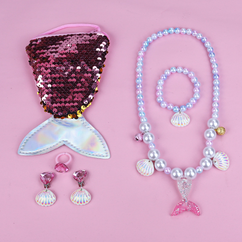 크림 파우더 공주 물고기 꼬리 목걸이 가방 세트