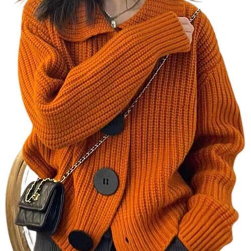 Pumpkin Orange Collar Knitted Cardigan Sweater Coat for Women Autumn/Winter French Retro Style Loose European Style Coat