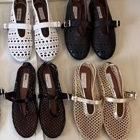 High Version Al Fishnet Shoes New One-Line Buckle Ballet Shoes Full of Diamonds Flats Bottom Cut Out Retro Mary Jane Shoes for Women