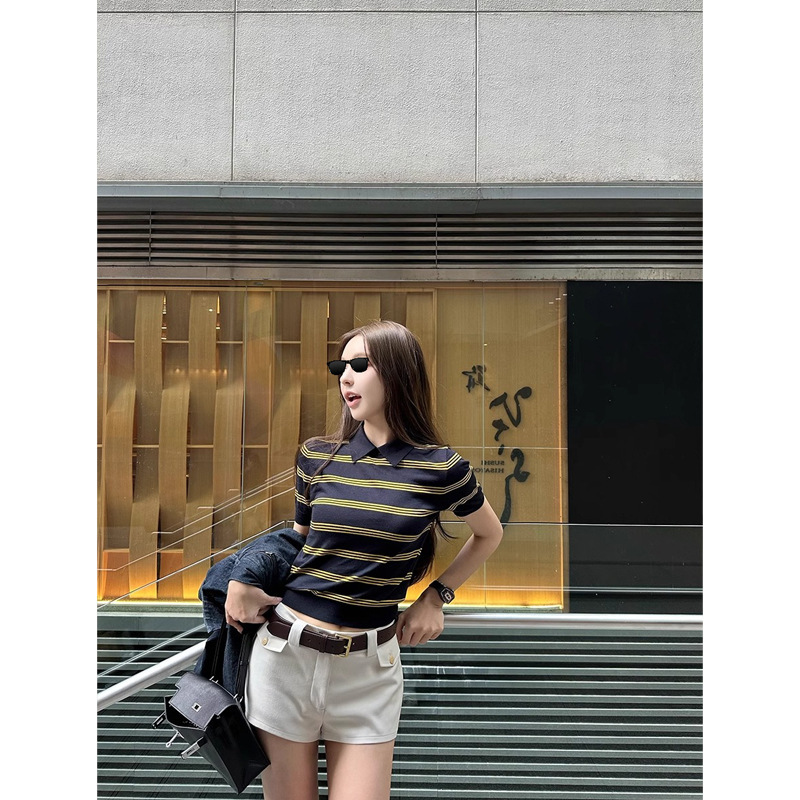 おはようファンファン テンセル リヨセル ストライプ ニット 半袖 Tシャツ ハイインテリジェンス 年齢軽減 POLO カラー トップス レディース 春|undefined