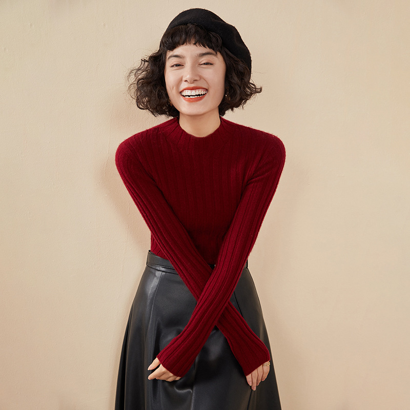 一线坑条半高领羊绒女软糯无缝一体山羊绒毛衣针织纯色内搭打底衫|undefined