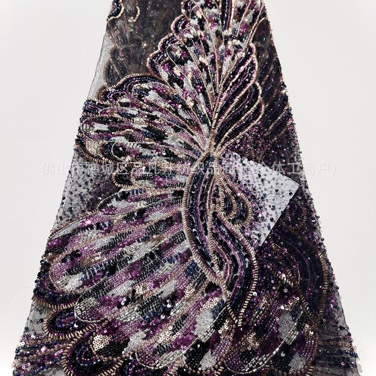 Plumas de anchoque unilaterales de malla de cuentas de clavos industriales pesadas bordadas a mano sequinilla tela de vestido de cola de pescado para la cena