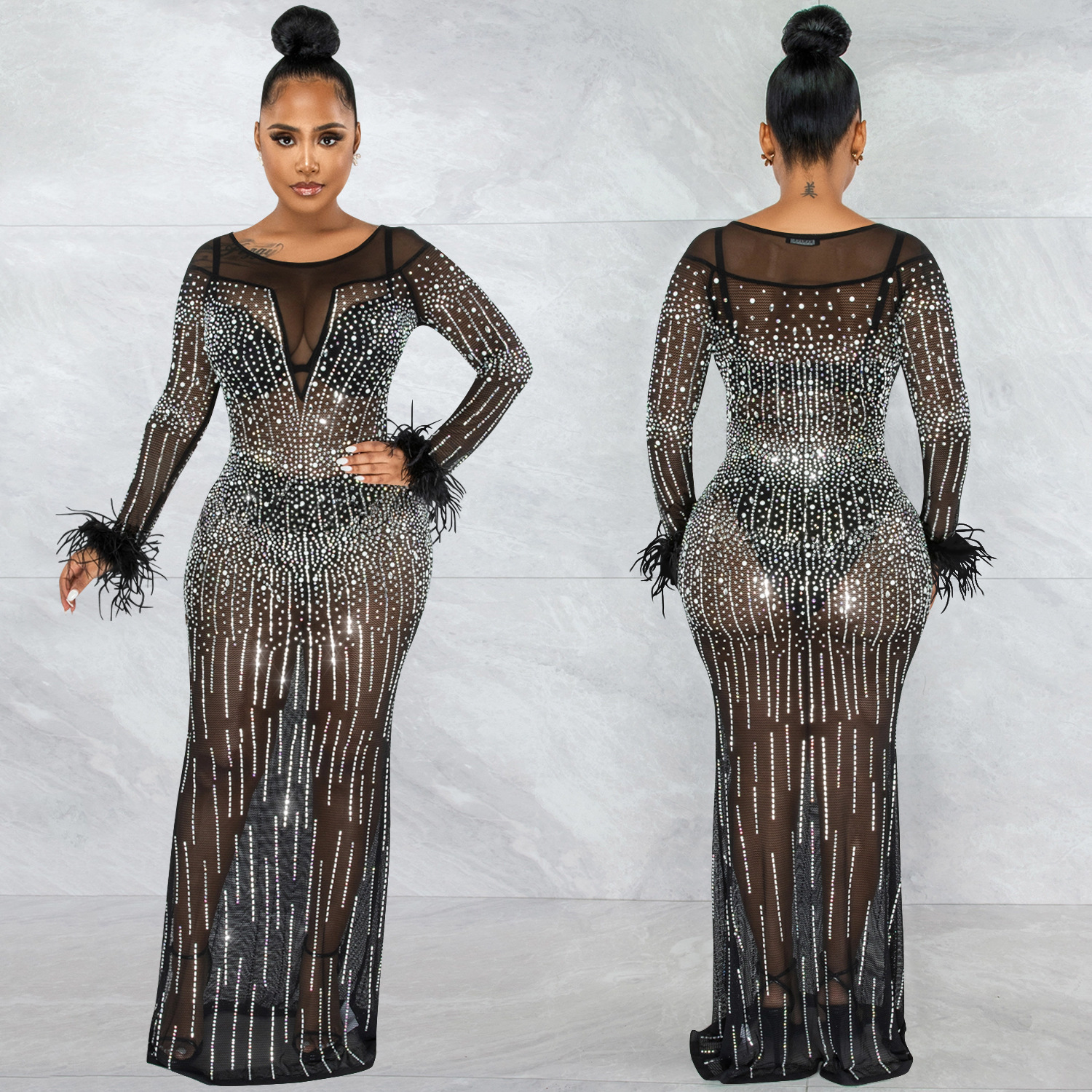 X5605 AliExpress deseo de moda discoteca fiesta perforación caliente malla ver-a través de manga larga vestido de las mujeres image 2