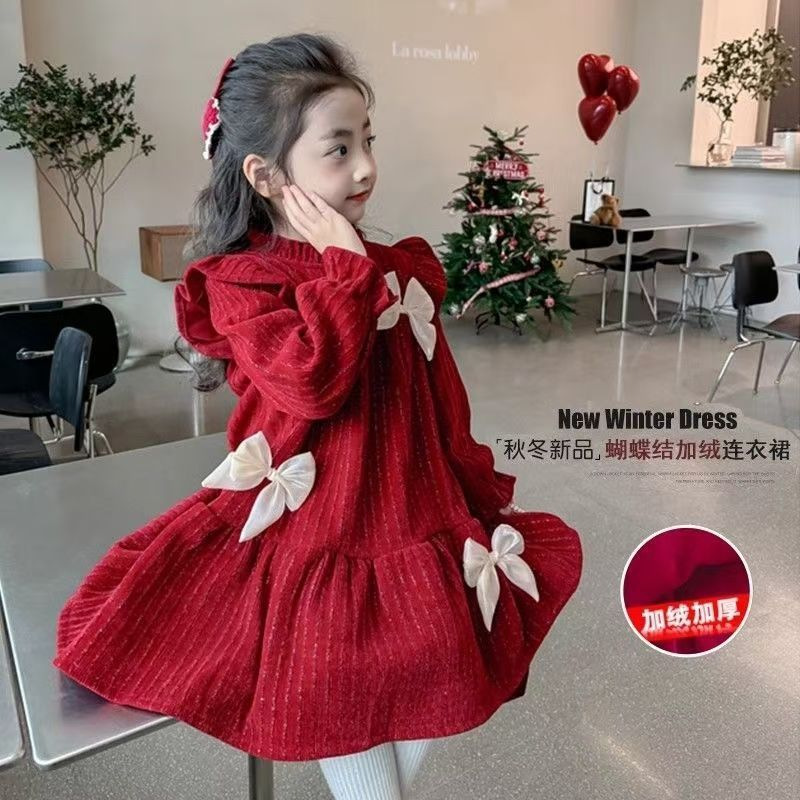 Niñas otoño e invierno más vellón nuevo vestido invierno niños falda roja año nuevo estilo occidental niña princesa año nuevo