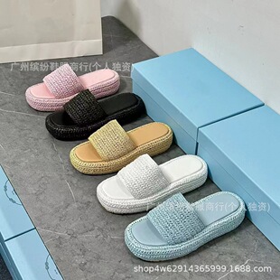 Purely Handmade Multi-Needle Woven Thick-Soled Sandals for Women 2024 Summer Popular Casual Height-Increasing Fashionable Outer Wear Slippers