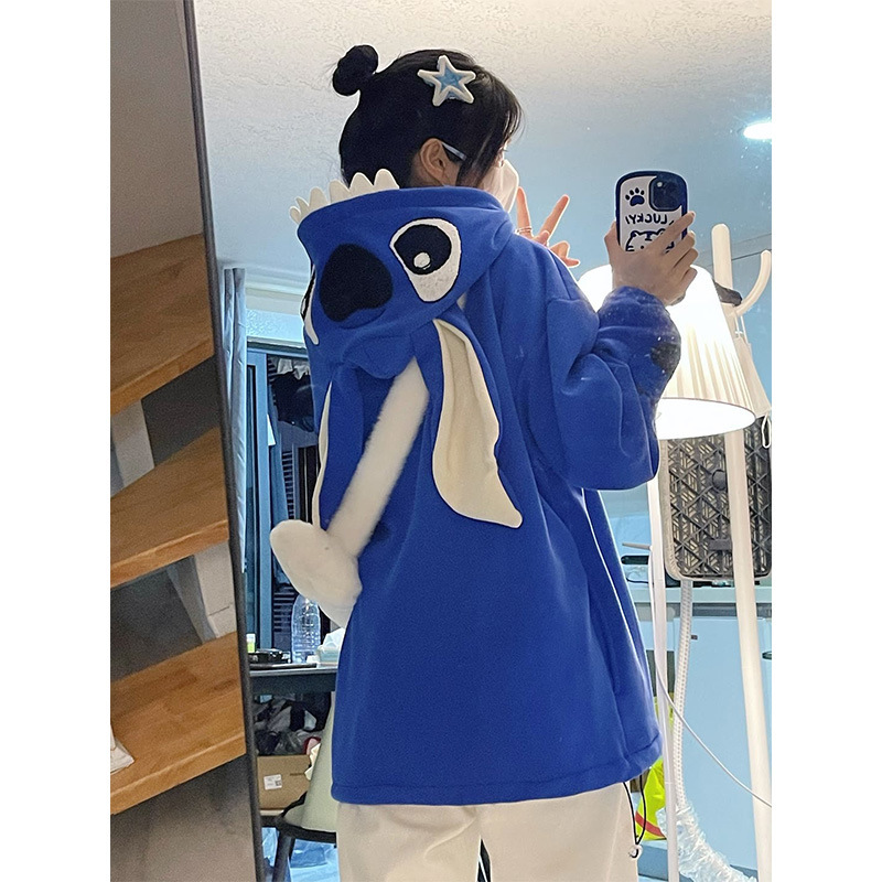 纯棉史迪仔双层帽克莱因蓝大耳朵连帽卫衣女冬季宽松加绒开衫外套|undefined