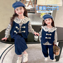 女童牛仔碎花衬衫套装中国风春秋款新款洋气时髦儿童三件套衣服潮