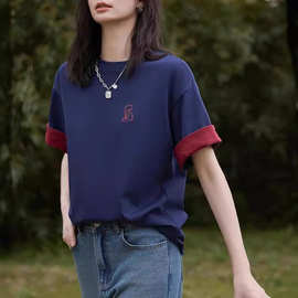 2024夏款翻边袖红蓝撞色显白立体刺绣花T恤女圆领休闲时尚上衣潮