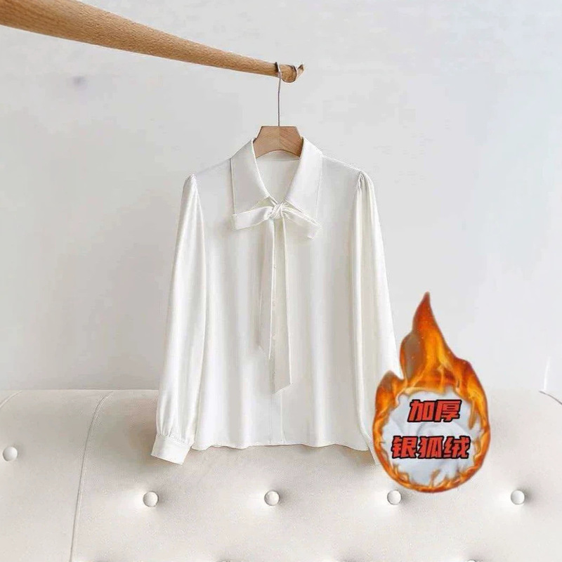 Fleece-lined and thickened French-style white shirt with flowing sleeves, a sophisticated and professional top for autumn and winter, suitable for work, commuting, and interviews Fleece-lined and thickened French-style white shirt with flowing sleeves, a sophisticated and professional top for autumn and winter, suitable for work, commuting, and interviews