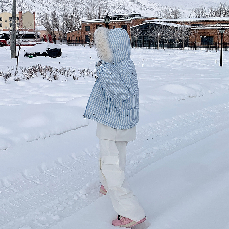 美式设计感条纹蝴蝶结毛领连帽棉服外套冬季加厚保暖棉衣女|undefined