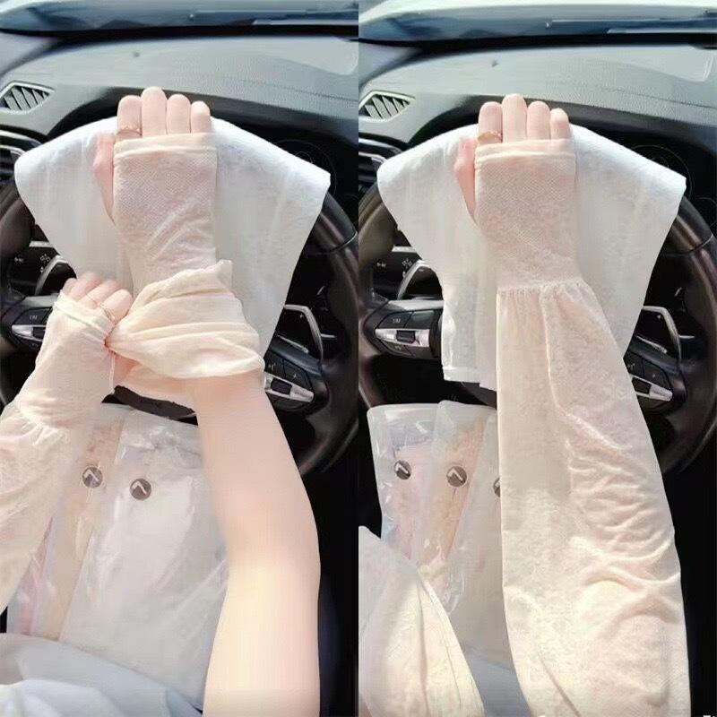 (2개) 레이스 부드러운 요정 스타일 한국 스타일 선 스크린 얼음 소매 얇은 운전 야외 선호 선 스크린 느슨한 소매 여성 아이스 실크