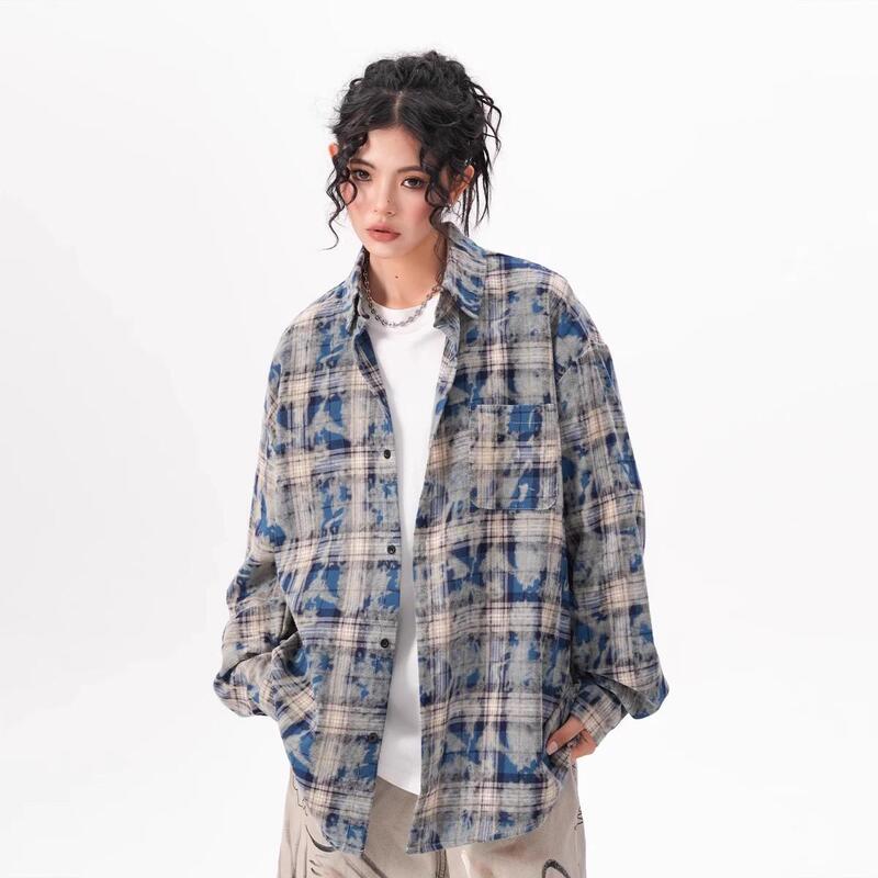 American-style High Street Tie-dyed Plaid Shirt Men's and Women's Retro Trendy Brand Loose Cardigan Sunscreen Jacket Couple's Long-sleeved Shirt