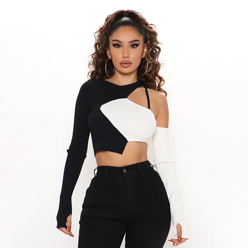 Women's Clothing new long-sleeved navel-baring one-shoulder contrast stitching top_voghion.com