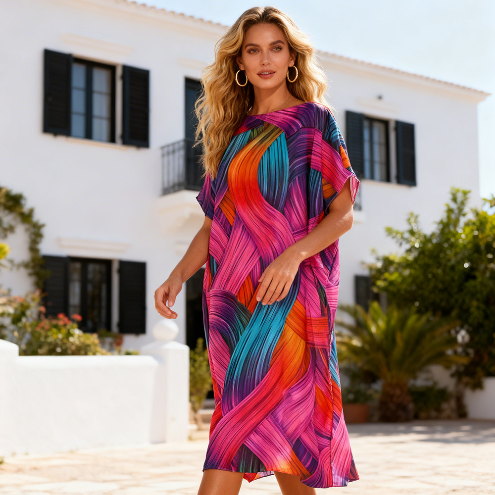 Nuevos productos transfronterizos 2026 primavera y verano ventas calientes de verano solar chal playa blusa vestido de vacaciones impresión de moda