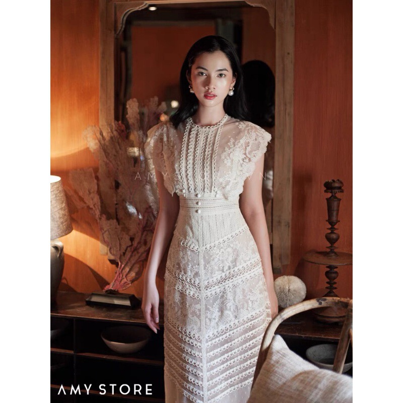 in stock Vietnam Niche Designer Brand Summer New Style Lace Retro High Waist Socialite Long dress