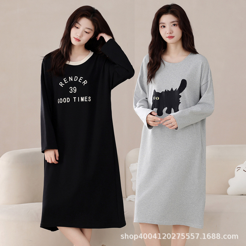 100% Cotton Nightgown for Women Spring and Autum Long-Sleeved Loose Large Size Home Skirt Cute Cartoon Cotton Pajama Skirt