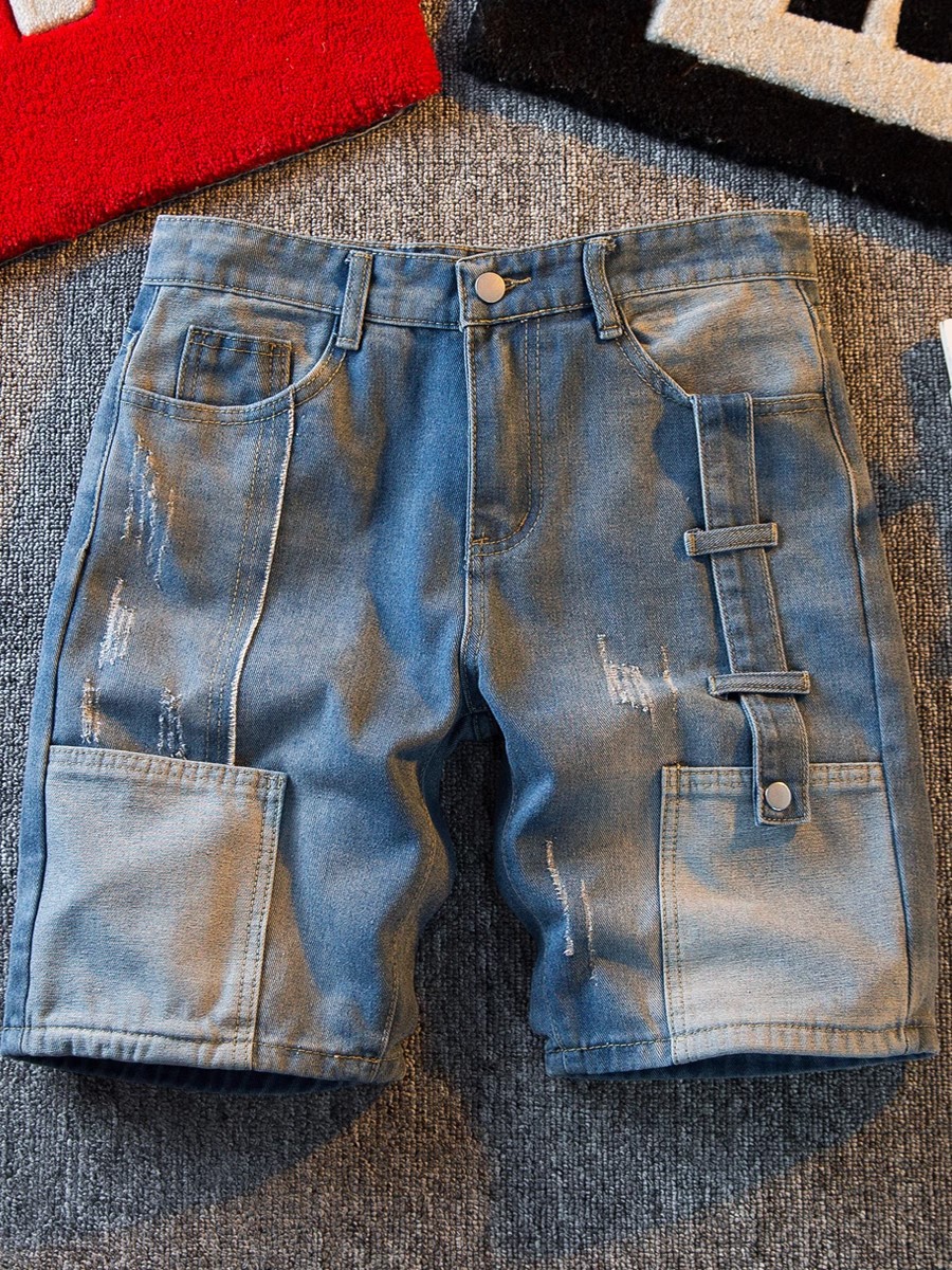 Men's Slim Fit Denim Shorts Casual European Style Summer Color Block Five Point Cargo Shorts_mkmklike.com